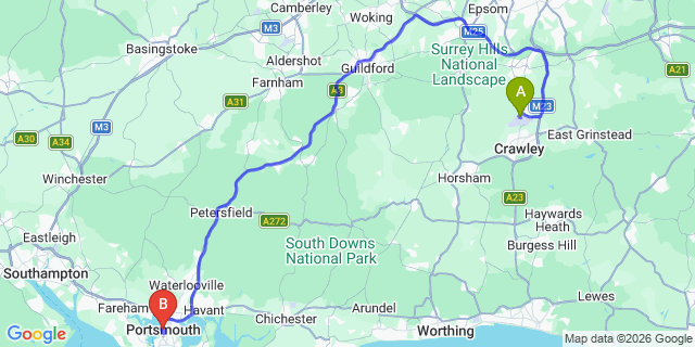 Map: London Gatwick Airport (LGW) to Portsmouth