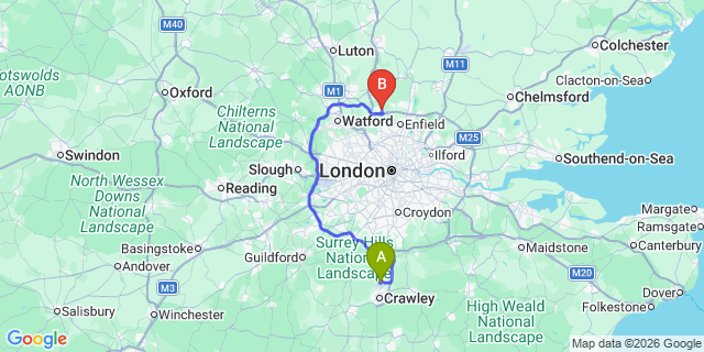 Map: London Gatwick Airport (LGW) to Potters Bar