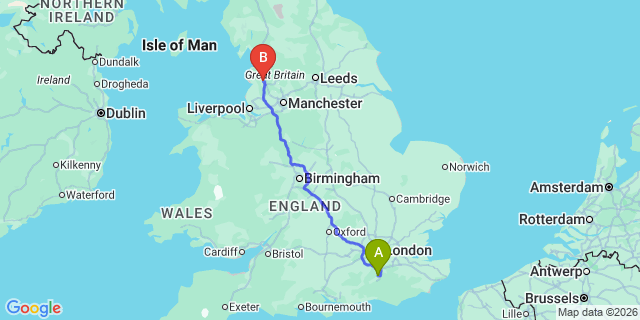 Map: London Gatwick Airport (LGW) to Preston