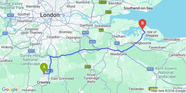 Map: London Gatwick Airport (LGW) to Queenborough