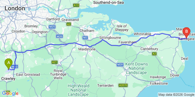 Map: London Gatwick Airport (LGW) to Ramsgate