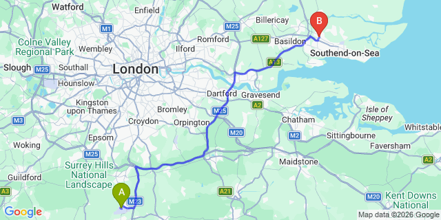 Map: London Gatwick Airport (LGW) to Rayleigh