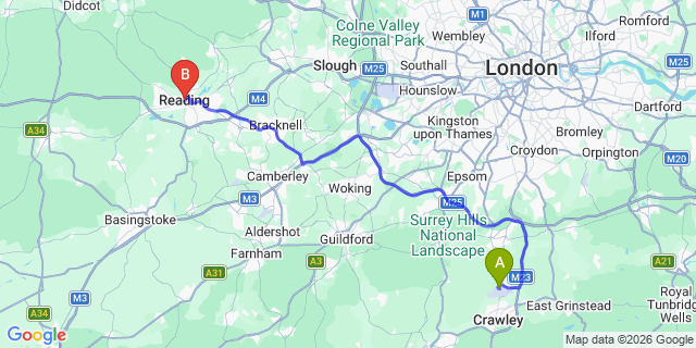 Map: London Gatwick Airport (LGW) to Reading