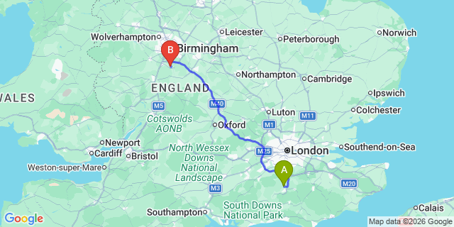 Map: London Gatwick Airport (LGW) to Redditch