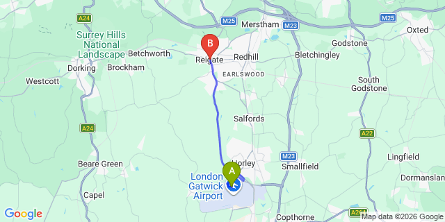 Map: London Gatwick Airport (LGW) to Reigate