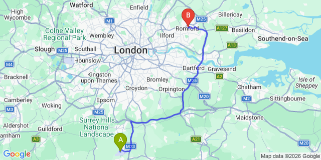 Map: London Gatwick Airport (LGW) to RM1 Romford