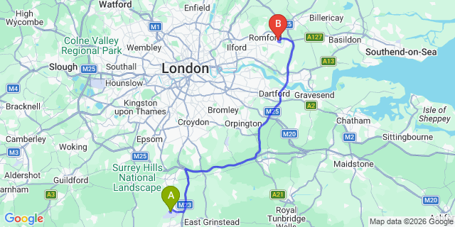 Map: London Gatwick Airport (LGW) to RM11 Hornchurch
