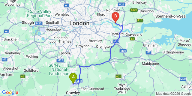 Map: London Gatwick Airport (LGW) to RM13 Rainham