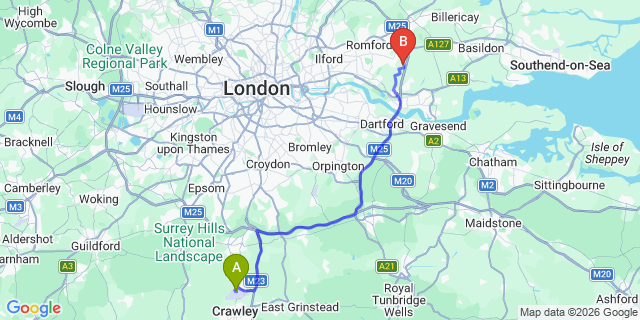 Map: London Gatwick Airport (LGW) to RM14 Upminster