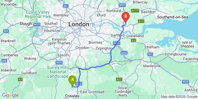 Map: London Gatwick Airport (LGW) to RM15 South Ockendon