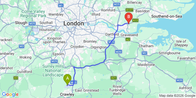 Map: London Gatwick Airport (LGW) to RM16 Grays