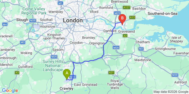 Map: London Gatwick Airport (LGW) to RM17 Grays
