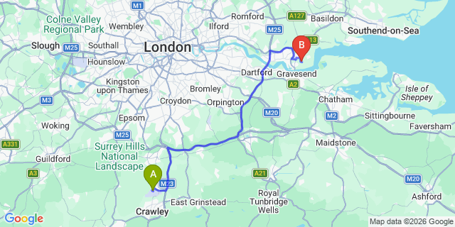 Map: London Gatwick Airport (LGW) to RM18 Tilbury