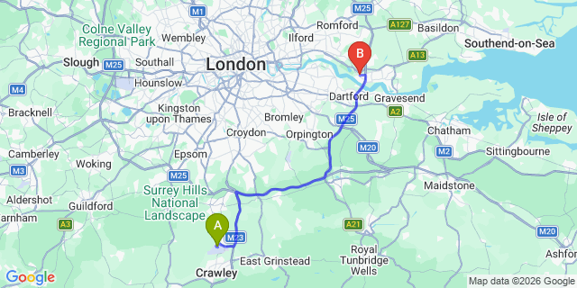 Map: London Gatwick Airport (LGW) to RM19 Purfleet