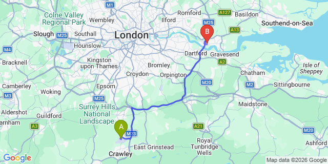 Map: London Gatwick Airport (LGW) to RM20 Grays
