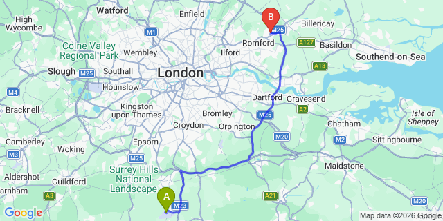 Map: London Gatwick Airport (LGW) to RM3 Romford