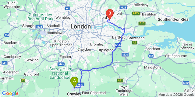 Map: London Gatwick Airport (LGW) to RM9 Dagenham