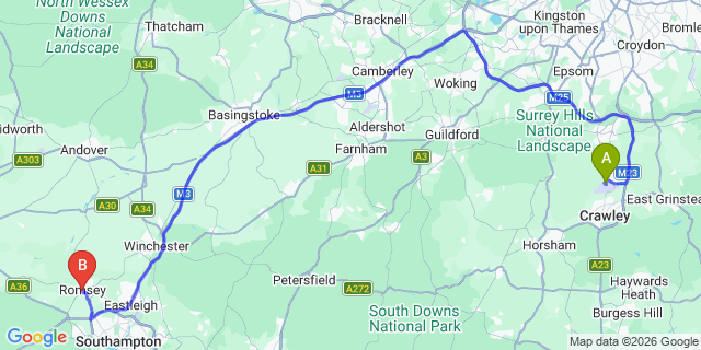Map: London Gatwick Airport (LGW) to Romsey