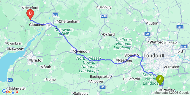 Map: London Gatwick Airport (LGW) to Ross-On-Wye