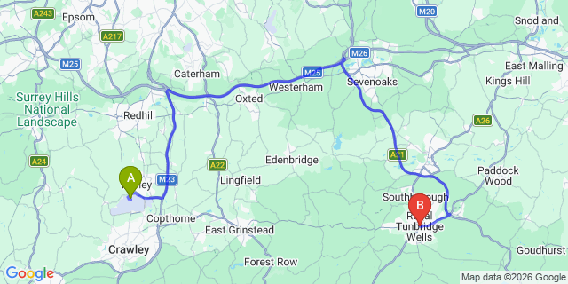 Map: London Gatwick Airport (LGW) to Royal Tunbridge Wells