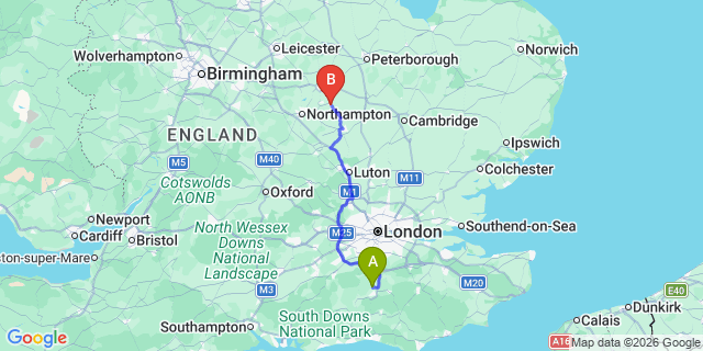 Map: London Gatwick Airport (LGW) to Rushden