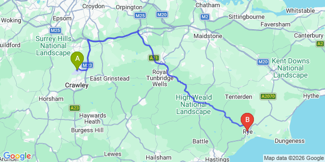 Map: London Gatwick Airport (LGW) to Rye