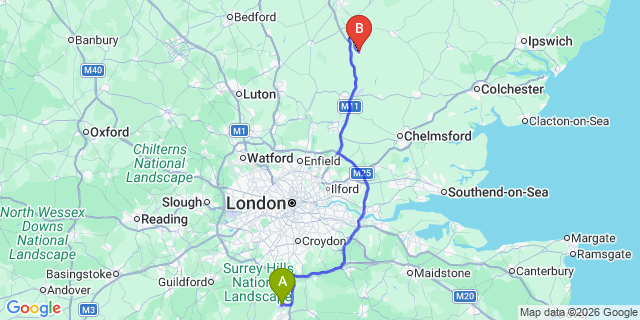 Map: London Gatwick Airport (LGW) to Saffron Waldon