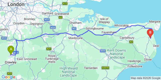 Map: London Gatwick Airport (LGW) to Sandwich