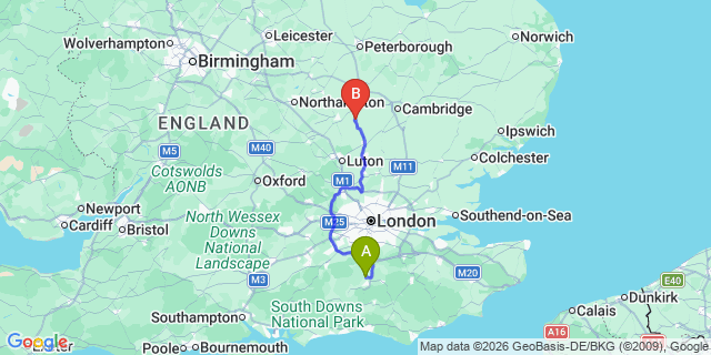 Map: London Gatwick Airport (LGW) to Sandy
