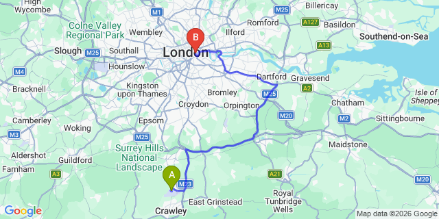 Map: London Gatwick Airport (LGW) to SE1 Southwark