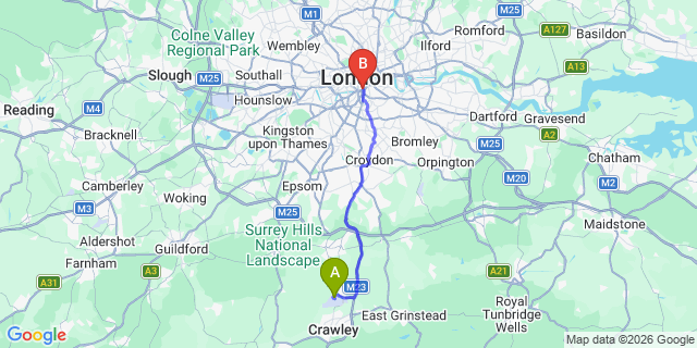 Map: London Gatwick Airport (LGW) to SE11 Kennington