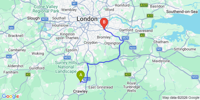 Map: London Gatwick Airport (LGW) to SE12 Lee
