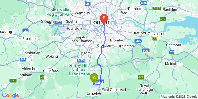 Map: London Gatwick Airport (LGW) to SE17 Walworth