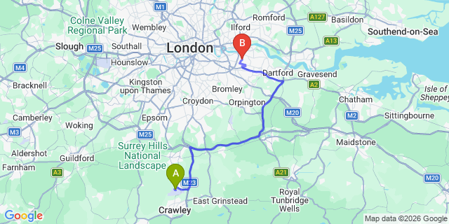 Map: London Gatwick Airport (LGW) to SE18 Woolwich
