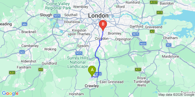 Map: London Gatwick Airport (LGW) to SE19 Norwood