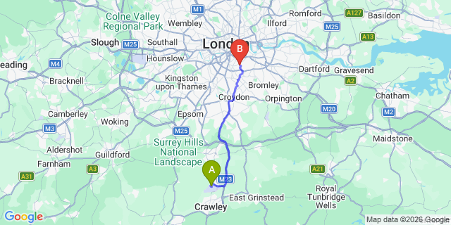 Map: London Gatwick Airport (LGW) to SE22 East Dulwich