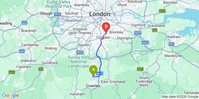 Map: London Gatwick Airport (LGW) to SE25 South Norwood