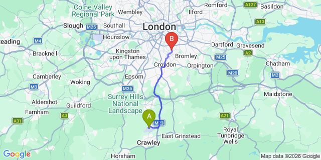 Map: London Gatwick Airport (LGW) to SE26 Sydenham