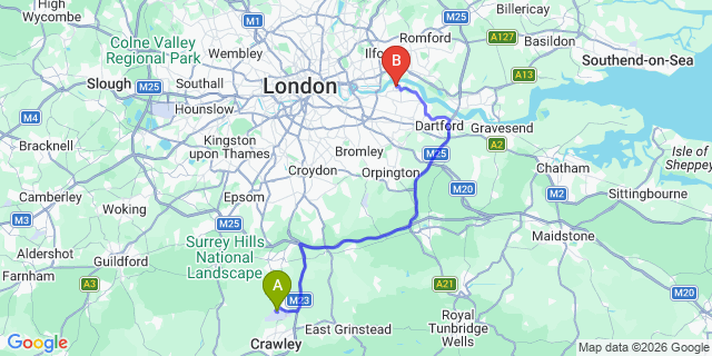 Map: London Gatwick Airport (LGW) to SE28 Thamesmead