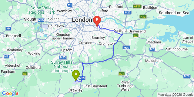 Map: London Gatwick Airport (LGW) to SE3 Blackheath