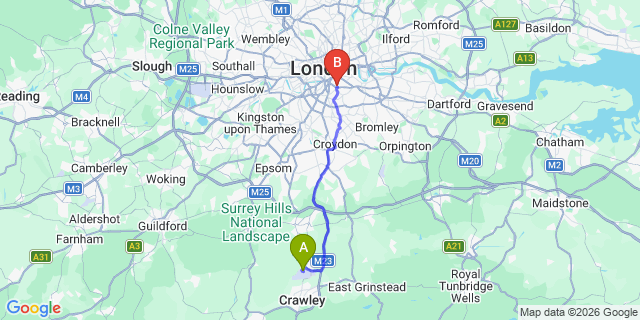 Map: London Gatwick Airport (LGW) to SE5 Camberwell