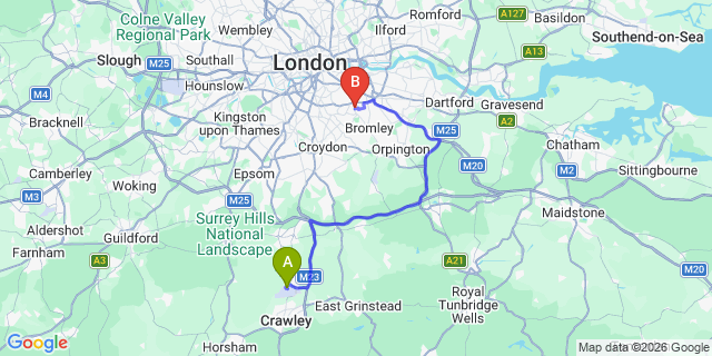 Map: London Gatwick Airport (LGW) to SE6 Catford
