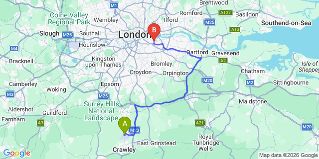 Map: London Gatwick Airport (LGW) to SE8 Deptford