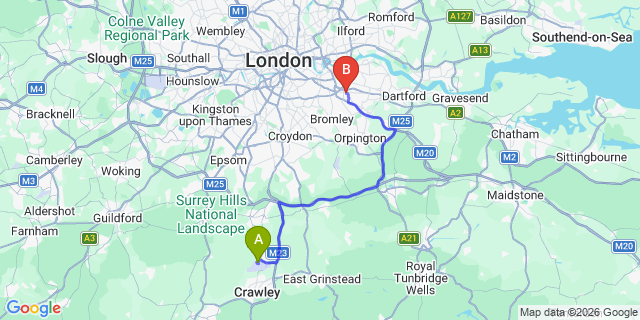 Map: London Gatwick Airport (LGW) to SE9 Eltham
