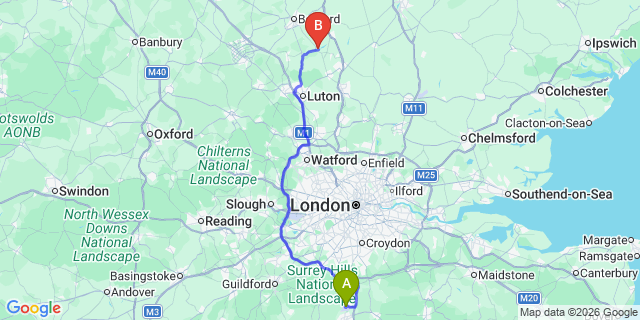 Map: London Gatwick Airport (LGW) to Shefford