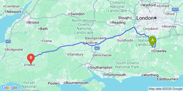 Map: London Gatwick Airport (LGW) to Sherborne