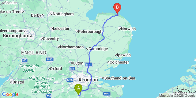 Map: London Gatwick Airport (LGW) to Sheringham