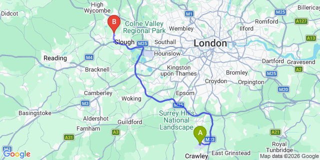 Map: London Gatwick Airport (LGW) to SL1 Slough