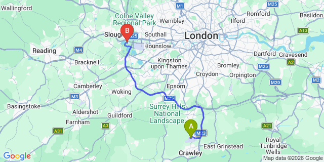 Map: London Gatwick Airport (LGW) to SL3 Slough