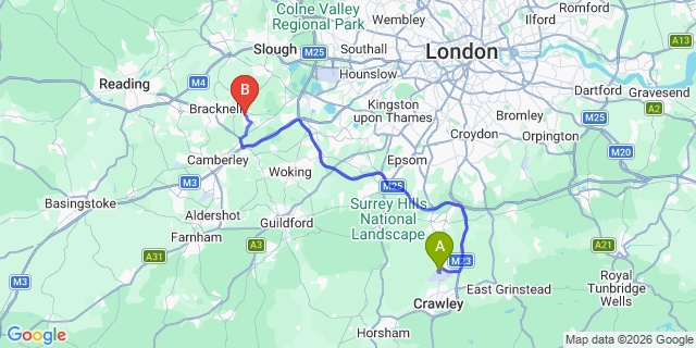 Map: London Gatwick Airport (LGW) to SL5 Ascot